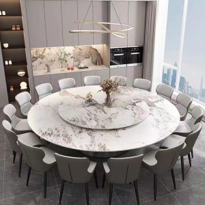 Bộ bàn ghế ăn phiến đá cẩm thạch biệt thự câu lạc bộ khách sạn 2,2 mét Bàn tròn lớn 2,4 mét tại nhà bàn ăn tròn 16 người - Hình 3