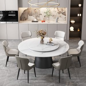 Bộ bàn ghế ăn phiến đá cẩm thạch biệt thự câu lạc bộ khách sạn 2,2 mét Bàn tròn lớn 2,4 mét tại nhà bàn ăn tròn 16 người