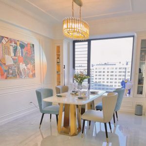 Bộ bàn ghế ăn sang trọng nhẹ của Mỹ kết hợp bàn ăn dài bằng đá cẩm thạch đơn giản kiểu Pháp hiện đại Ghế ăn gỗ đặc một bàn có 6 ghế - Hình 2