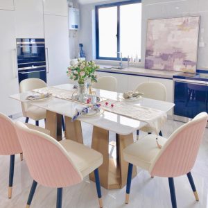 Bộ bàn ghế ăn sang trọng nhẹ của Mỹ kết hợp bàn ăn dài bằng đá cẩm thạch đơn giản kiểu Pháp hiện đại Ghế ăn gỗ đặc một bàn có 6 ghế - Hình 4