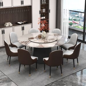 Bộ bàn ghế ăn tròn mặt đá hoa cương kết hợp mâm xoay bàn ăn đơn giản cho 10 người bộ bàn ghế ăn tròn khách sạn gia đình lớn hiện đại