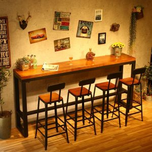 Bộ bàn ghế quầy bar gỗ đặc sắt rèn quán cà phê quán trà sữa ban công áp tường Bàn dài cao Bàn ăn gia đình