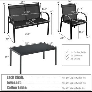 Bộ bàn ghế sân hiên Wfs,Bộ trò chuyện trong hiên,Bàn cà phê sofa,Sàn sân vườn,4 món, Thép,1 người (Đen) - Hình 2