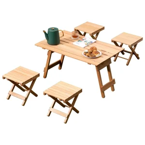 Bộ bàn ghế sân vườn Bàn gấp + 4 ghế đẩu Bộ bàn cắm trại di động Bộ bàn gỗ ngoài trời và ghế đẩu Bộ 80*48*44cm - Hình 2