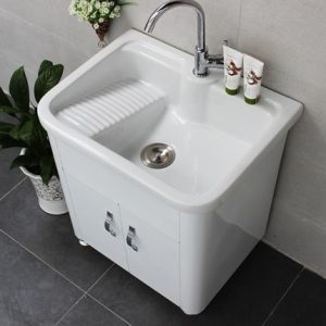Bồn rửa mặt sứ kèm tủ – Tủ inox để khăn mặt, bàn vò khăn, tủ phòng tắm tích hợp chậu rửa hiện đại