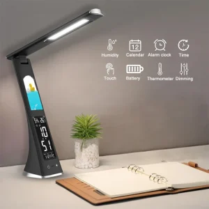 Đèn bàn LED có thể gập lại Cảm ứng có thể điều chỉnh độ sáng Đèn bàn sạc có lịch Nhiệt độ Đồng hồ báo thức Đèn bàn làm việc kinh doanh