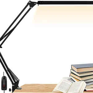 Đèn bàn LED Tay xoay có thể điều chỉnh chăm sóc mắt, có kẹp bàn, đèn đọc dây kim loại, 3 chế độ màu hiện đại với 10 độ sáng
