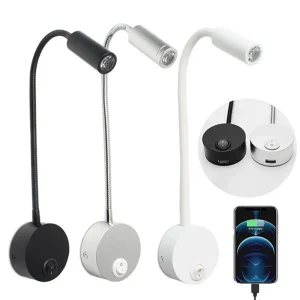 Đèn Cổng Sạc USB Đen Bạc Trắng Đèn LED Đọc Sách 3000K 4000K 6000K 3W USB Cổ Ngỗng Đèn Tường cho Khách sạn Nhà Đầu Giường