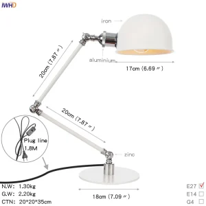 Đèn IWHD Vintage LED Để Bàn US/EU Cắm Bên Cạnh Phòng Học Loft Trang Trí Công Nghiệp Trắng Để Bàn Lampara Luminaria De Mesa - Hình 2