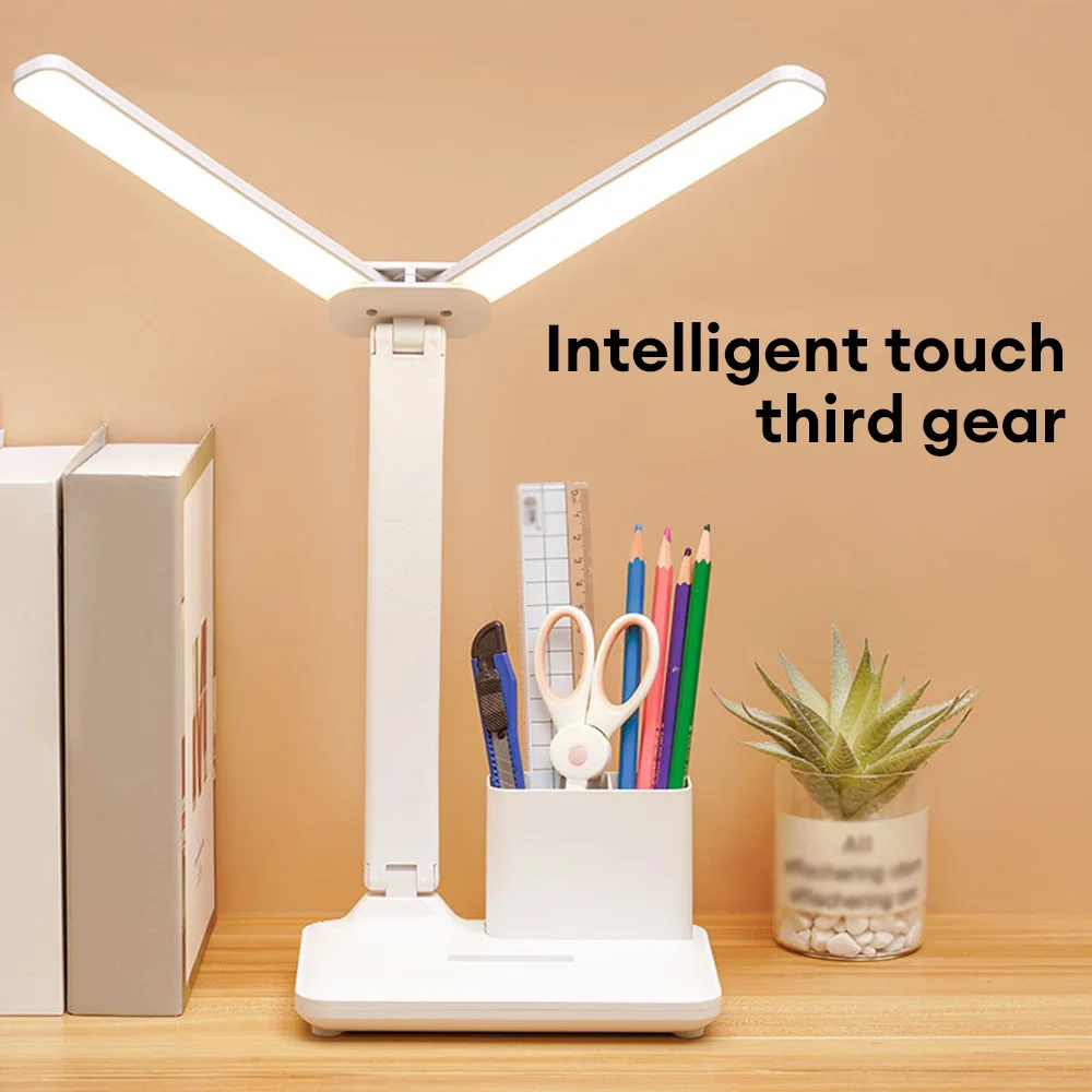 Đèn LED để bàn hai đầu Sạc USB Bảo vệ mắt Đèn đọc sách có thể điều chỉnh độ sáng có thể gập lại với hộp đựng bút cho văn phòng Đèn LED để bàn hai đầu Sạc USB Bảo vệ mắt Đèn đọc sách có thể điều chỉnh độ sáng có thể gập lại với hộp đựng bút cho văn phòng