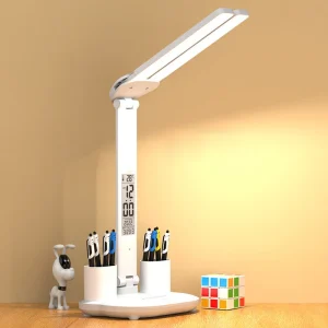 Đèn LED Để Bàn USB Điều Chỉnh Độ Sáng Cảm Ứng Có Thể Gập Lại Đèn Bàn Hai Đầu Có Lịch Đồng Hồ Nhiệt Độ Đèn Ngủ Đèn Đọc Sách Học - Hình 2