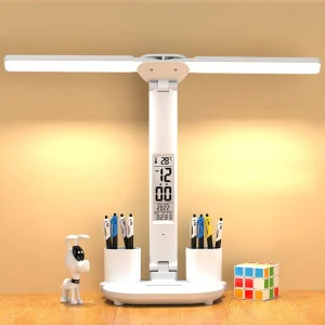 Đèn LED Để Bàn USB Điều Chỉnh Độ Sáng Cảm Ứng Có Thể Gập Lại Đèn Bàn Hai Đầu Có Lịch Đồng Hồ Nhiệt Độ Đèn Ngủ Đèn Đọc Sách Học