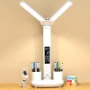 Đèn LED Để Bàn USB Dimmable Cảm Ứng Có Thể Gập Lại Đèn Bàn Có Lịch Nhiệt Độ Đồng Hồ Đèn Ngủ Để Học Đèn Đọc Sách Trang Trí