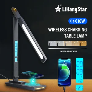 Đèn LED Đọc Sách Để Bàn 10W Điện Thoại Di Động Sạc Không Dây Có Đồng Hồ Hiển Thị Ngày Đồng Hồ Báo Thức Có Thể Điều Chỉnh Độ Sáng Bảo Vệ Mắt Văn Phòng Nghiên Cứu