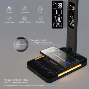 Đèn LED sạc không dây chuẩn QI có đèn ngủ Lịch nhiệt độ Đồng hồ báo thức Bảo vệ mắt Đèn học tập Đèn bàn - Hình 2