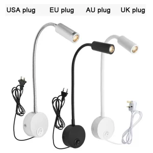 Đèn Ổ cắm có dây linh hoạt 3 Watt 3W Đèn LED dán tường cổ ngỗng Đèn treo tường Đèn chiếu sáng cho phòng ngủ Đọc sách Phòng tắm có phích cắm, đen trắng