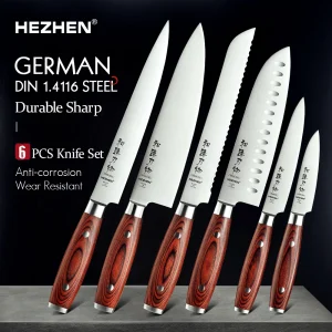 Ghế ăn HEZHEN 1-6PC Bộ Dao Khắc Đầu Bếp Bánh Mì Santoku Tiện Ích Paring Pakka Tay Cầm Gỗ & Đinh Tán Inox Dụng Cụ Nhà Bếp