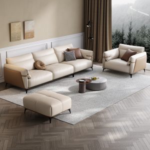 Ghế Sofa da đơn giản kiểu kiểu Italy màu kem phong cách hiện đại phòng khách sang trọng gia đình lớn và nhỏ da nghệ thuật hàng thẳng Ghế Sofa ba chỗ ngồi - Hình 2