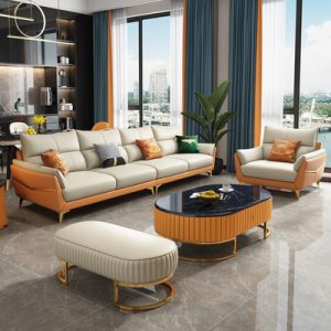 Ghế Sofa da sang trọng nhẹ phòng khách đơn giản hiện đại phòng nhỏ màu cam kiểu Italy đơn giản lớp đầu tiên da bò thẳng hàng bốn chỗ