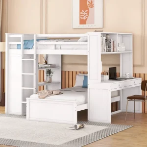 Giường gác xép cỡ lớn với 2 Giường đơn Giường độc lập, Kệ, Bàn làm việc và Tủ quần áo-Trắng - Hình 2