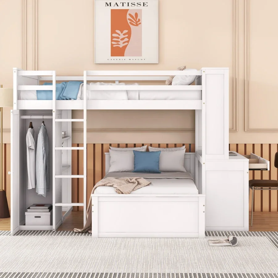 Giường gác xép cỡ lớn với 2 Giường đơn Giường độc lập, Kệ, Bàn làm việc và Tủ quần áo-Trắng - Hình 3 Giường gác xép cỡ lớn với 2 Giường đơn Giường độc lập, Kệ, Bàn làm việc và Tủ quần áo-Trắng - Hình 3