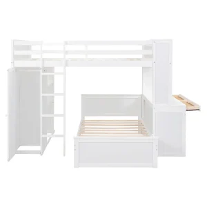 Giường gác xép cỡ lớn với 2 Giường đơn Giường độc lập, Kệ, Bàn làm việc và Tủ quần áo-Trắng