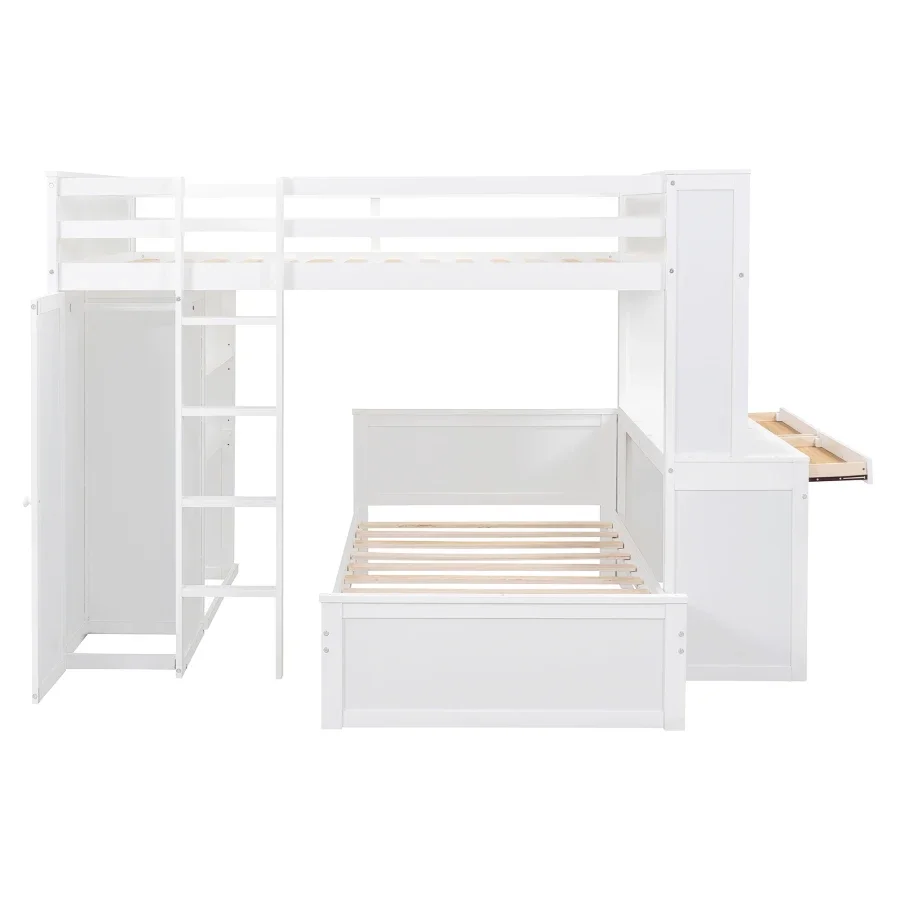 Giường gác xép cỡ lớn với 2 Giường đơn Giường độc lập, Kệ, Bàn làm việc và Tủ quần áo-Trắng Giường gác xép cỡ lớn với 2 Giường đơn Giường độc lập, Kệ, Bàn làm việc và Tủ quần áo-Trắng