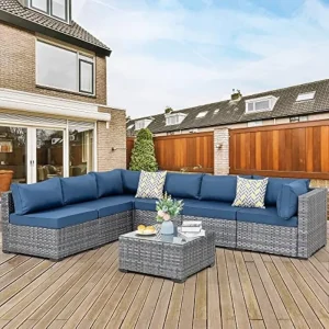 Ngoại thất sân vườn 7 Miếng Ghế Sofa Ngoài Trời, Bộ Đồ Đan Lát Với Đệm Có Thể Giặt & Bàn Cà Phê Thủy Tinh - Hình 2