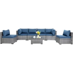 Ngoại thất sân vườn 7 Miếng Ghế Sofa Ngoài Trời, Bộ Đồ Đan Lát Với Đệm Có Thể Giặt & Bàn Cà Phê Thủy Tinh