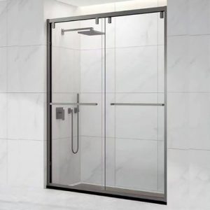 Phòng tắm màu xám súng rất hẹp phòng tắm một vách ngăn từ kính cửa trượt phòng tắm khô và ướt ngăn cách nhà vệ sinh màn hình tạo tác