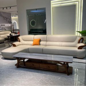 Sofa da gỗ vàng đen lớp đầu Sofa da bò phong cách Trung Quốc mới gia đình lớn và nhỏ Sofa da Sofa góc - Hình 3