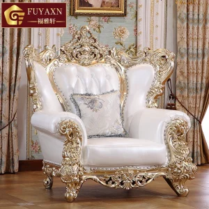 Sofa da màu trắng phong cách châu Âu Phòng khách biệt thự lớn gỗ nguyên khối được chạm khắc lớp da đầu tiên màu vàng sâm panh - Hình 3