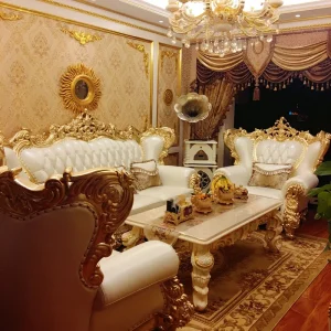 Sofa da màu trắng phong cách châu Âu Phòng khách biệt thự lớn gỗ nguyên khối được chạm khắc lớp da đầu tiên màu vàng sâm panh