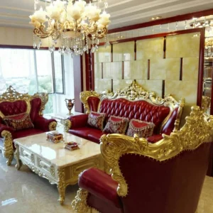Sofa da màu trắng phong cách châu Âu Phòng khách biệt thự lớn gỗ nguyên khối được chạm khắc lớp da đầu tiên màu vàng sâm panh - Hình 4