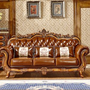 Sofa da phong cách châu âu đầu phòng khách da bò vợ lẽ sang trọng điêu khắc gỗ da nghệ thuật nội thất mỹ
