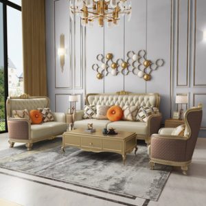 Sofa da phong cách châu âu phòng khách biệt thự sang trọng nhẹ nhàng kích thước gia đình chung cư Gỗ mỹ nghệ gỗ nguyên khối đơn giản bộ Bàn Ghế vàng châu âu