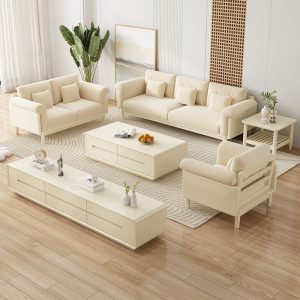 Sofa Gió bất ngờ Sofa vải gỗ nguyên khối phong cách Nhật Bản đơn giản phòng khách phòng nhỏ Sofa phong cách Bắc Âu màu trắng kem - Hình 2
