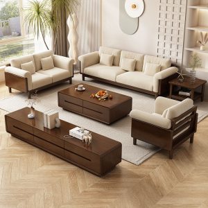 Sofa Gió bất ngờ Sofa vải gỗ nguyên khối phong cách Nhật Bản đơn giản phòng khách phòng nhỏ Sofa phong cách Bắc Âu màu trắng kem - Hình 3