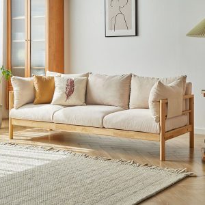 Sofa gỗ đặc phong cách Nhật Bản gỗ phòng khách gió phòng nhỏ Bắc Âu đơn giản hiện đại Sofa vải ba người có thể tháo rời và giặt được - Hình 2