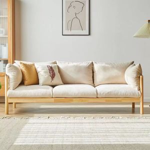 Sofa gỗ đặc phong cách Nhật Bản gỗ phòng khách gió phòng nhỏ Bắc Âu đơn giản hiện đại Sofa vải ba người có thể tháo rời và giặt được