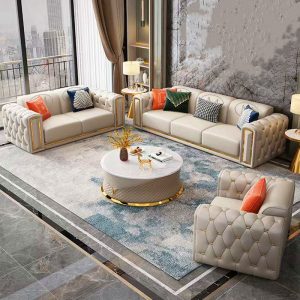 Sofa hiện đại sang trọng nhẹ Sofa da nghệ thuật Pháp phong cách wabi-sabi trọn bộ biệt thự phòng nhỏ phòng khách ba người - Hình 2