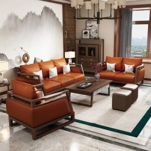 Sofa Trung Quốc mới ba người bằng gỗ rắn sáng màu sang trọng cao cấp biệt thự cao cấp phòng khách phòng khách bằng da tếch mô hình phòng nội thất tùy chỉnh