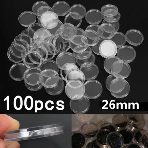 Tủ đồ Bộ 100 Đồng Xu Đựng Viên Bảo Quản Trong Suốt Màn Hình Tròn Trường Hợp Cho Nhà Đồng Xu Tiện Ích Bảo Vệ Hộp Đựng Lưỡi Liềm Mở 26mm