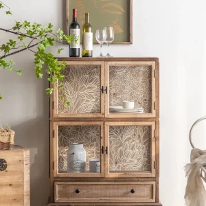 Tủ Gỗ Chắc Chắn Chạm Khắc Vintage Tủ Rượu Phòng Khách Đau Khổ Cửa Kính Trưng Bày - Hình 3
