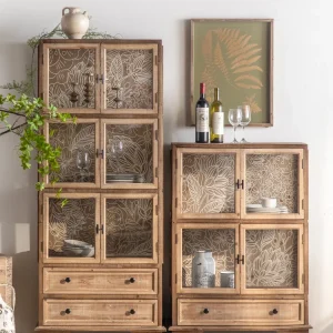 Tủ Gỗ Chắc Chắn Chạm Khắc Vintage Tủ Rượu Phòng Khách Đau Khổ Cửa Kính Trưng Bày