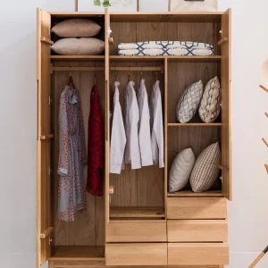 Tủ quần áo bằng gỗ nguyên khối Bắc Âu Tủ quần áo bằng gỗ sồi ba cửa phong cách Nhật Bản bằng gỗ Tủ quần áo lớn Tủ quần áo ba cửa mở Tủ bảo quản