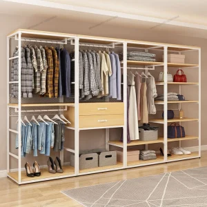 Tủ quần áo kim loại không cửa ngăn, thép và gỗ, cụm giá để đồ mở, giá để đồ bằng sắt, sàn phòng ngủ đến sàn - Hình 2