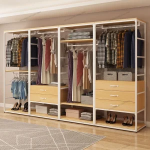 Tủ quần áo kim loại không cửa ngăn, thép và gỗ, cụm giá để đồ mở, giá để đồ bằng sắt, sàn phòng ngủ đến sàn - Hình 3