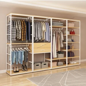 Tủ quần áo kim loại không cửa ngăn, thép và gỗ, cụm giá để đồ mở, giá để đồ bằng sắt, sàn phòng ngủ đến sàn