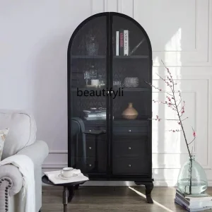 Tủ Vintage Tủ Bảo Quản Phòng Khách Gỗ Chắc Chắn Tủ Rượu Vòm Tủ Cao Đôi Cửa Kính - Hình 2